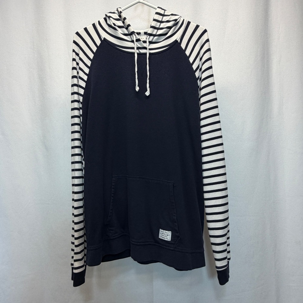 Orvis‎ Hoodie Women Large Navy Blue Striped Raglan Light Travel Coastal